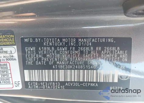 2004 Toyota Camry Le из США, поврежденный, VIN 4T1BE30K24U851546